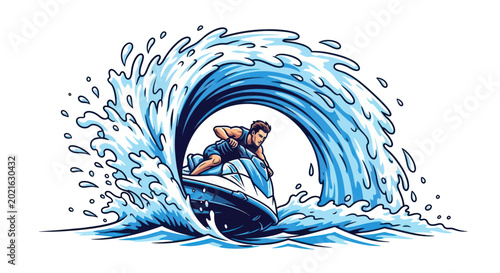 Man riding a jet ski through a large ocean wave, dynamic water sports illustration