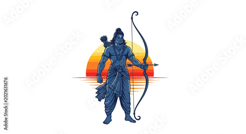 Photos Lord Rama with Bow and Arrow, Sunset Background, Hindu Deity