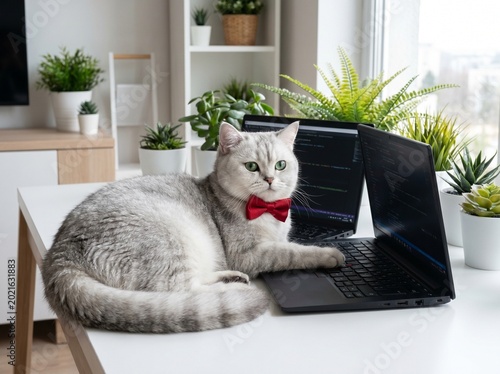 Big tired solid cat in the red bow tie distracted from the computer screen and very attentively looking at us