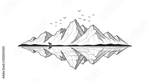 Foto Majestic mountain range reflected in calm water with a lone deer and birds flying above