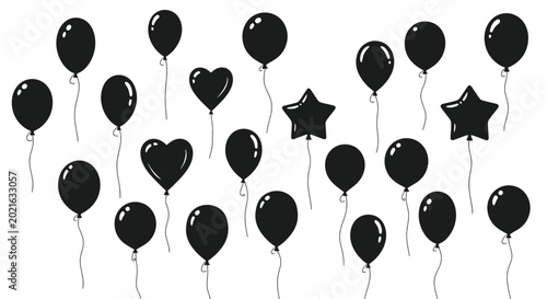 Set of Black Balloons, Various Shapes, Isolated on White Background