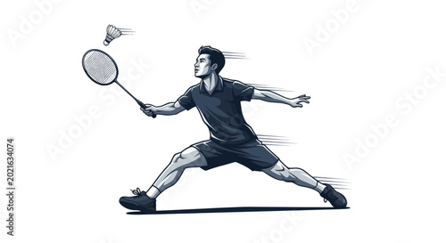 Bild auf Leinwand Young Badminton Player in Action, Striking Shuttlecock with Racket