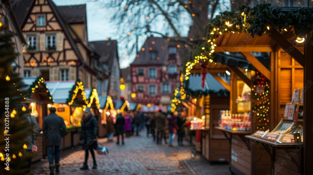 Obraz premium Festive holiday market bustling with joy and sparkle in a charming village during dusk