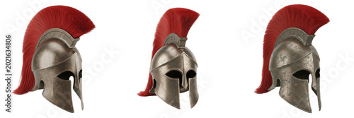 Isolated Ancient Greek Spartan Gladiator Helmet Metallic Armor Headwear Crest Ornament on Plain White Background as High Quality Cutout PNG Set Asset File