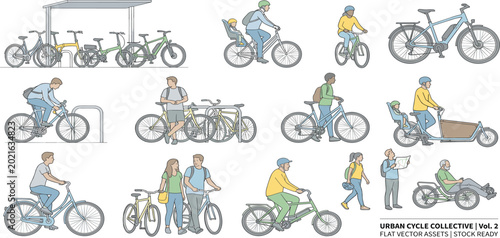 Collection of diverse urban cycling illustrations featuring people, various bicycle types, and accessories, highlighting eco-friendly transportation