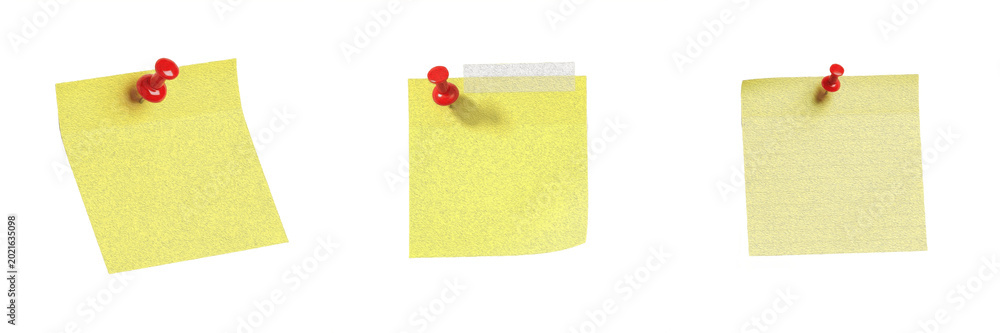 © Gooer - Isolated Yellow Sticky Note Paper with Red Push Pin Office Notice Template on Plain White Background as High Quality Cutout PNG Set Asset File