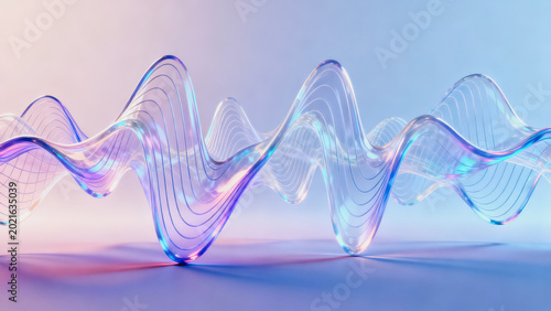 This 3D rendered abstract background features iridescent transparent sound waves with soft pink and blue gradient lighting, creating a smooth, dynamic visual effect.