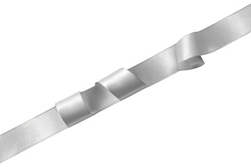 Silver satin ribbon shown curling against a transparent background, creating a festive border or gift decoration