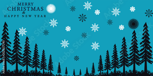 Illustration of Christmas Trees standing a snowy landscape.