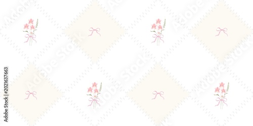 Quadro su tela Shabby chic watercolor floral and pink bow seamless pattern on cream diamond quilted background
