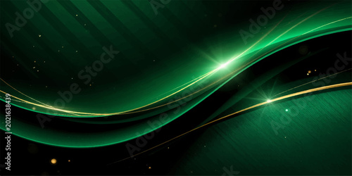 Elegant abstract green background with shiny golden stripes and wavy silk-like patterns, perfect for luxury awards, invitations, and banners.