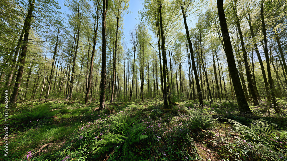 Obraz premium Enchanting Spring Forest: Sunlit Green Canopy, Textured Understory, and Blue Sky Glimpses