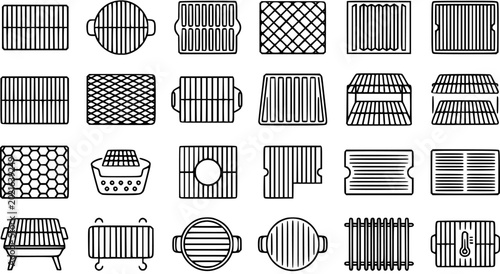 Photos Black and White Line Art Icons of Various Grilling Racks and Grates for BBQ and
