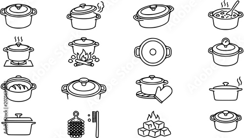 Foto Black and White Line Art Icons of Cooking Pots and Kitchenware