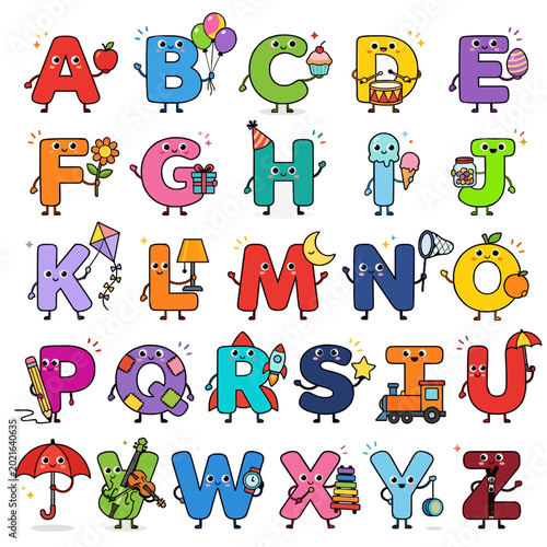 A delightful collection of anthropomorphic alphabet letters, whimsically illustrated with companion objects, designed to make learning the English ABCs fun and engaging for kids