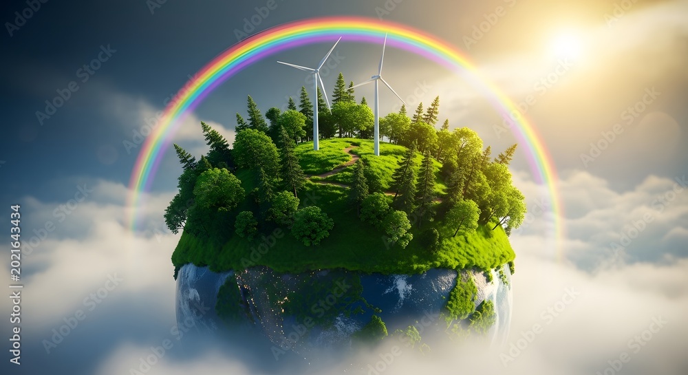 Fototapeta premium Floating island with wind turbines and rainbow over clouds at sunrise