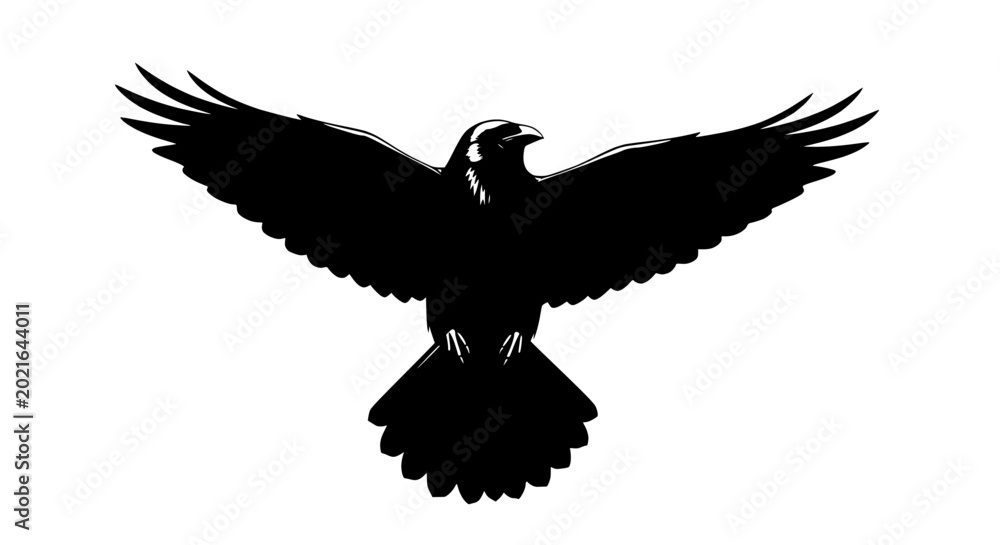 Fototapeta premium Black crow silhouette flying with open wings isolated on white background