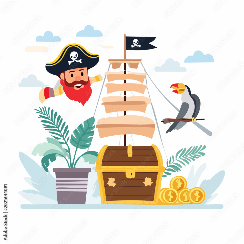 Fototapeta premium Cartoon Pirate Ship with Treasure Chest and Toucan