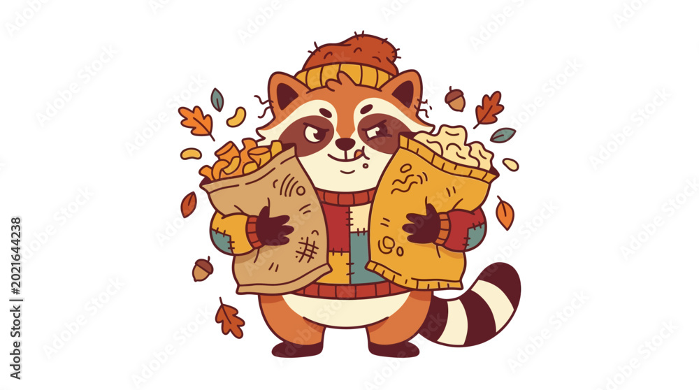 Fototapeta premium Cute Raccoon Carrying Oversized Snack Bags Funny Cozy Vector Logo