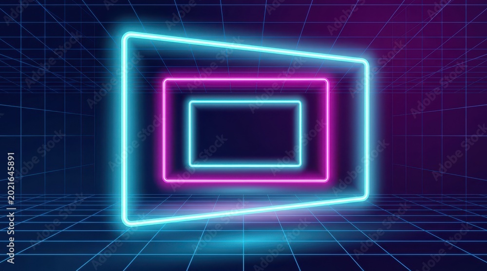 Fototapeta premium Neon Portal Frames with Grid Background in Retro Futuristic Style