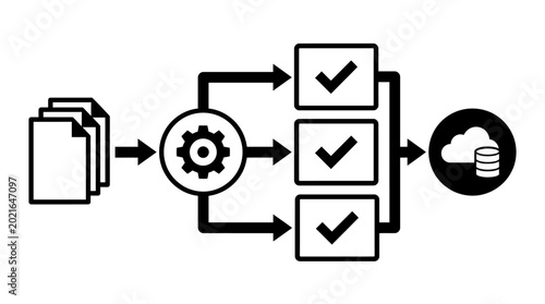 Minimalist black and white diagram representing artificial intelligence productivity workflow and automated data processing system