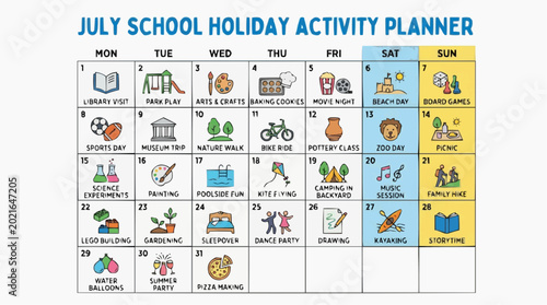July school holiday activity planner with icons and dates for various fun and educational activities for children school holidays time management