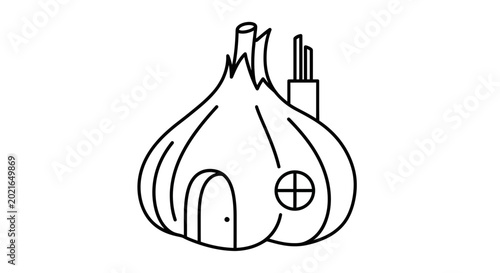 Whimsical Garlic House with Chimney and Round Window, Fantasy Home Illustration