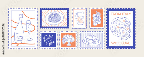 Εκτύπωση καμβά Mediterranean dinner food stamp set with pizza, spaghetti, dessert and wine in linear italian sketch style