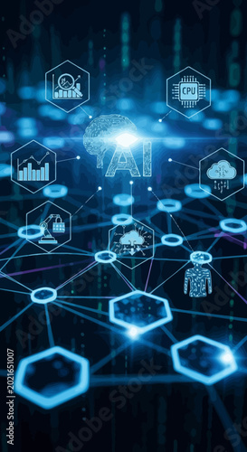 Artificial intelligence technology network with glowing digital icons and data