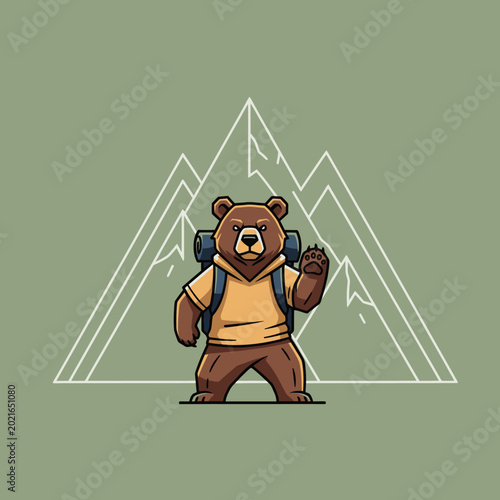 Bear character hiker with backpack waving in front of mountains
