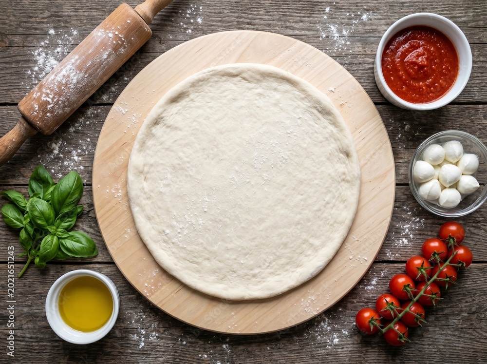 Fototapeta premium raw pizza dough, fresh ingredients ready, making pizza base, rolling pin tool, tomato sauce bowl, mozzarella cheese balls, cherry tomatoes vine, olive oil dish, basil leaves bunch, wooden pizza peel,