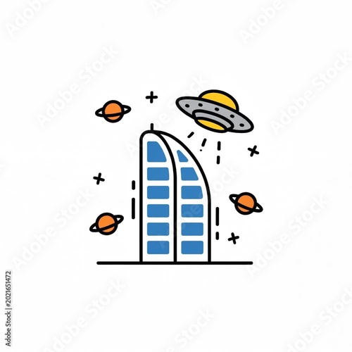 A futuristic skyscraper building with a curved blue facade surrounded by planets and a spaceship in a minimalist cosmic scene with a white background