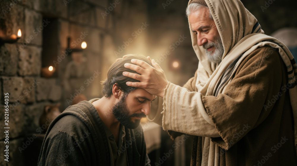 Obraz premium Ananias healing Saul in a biblical setting. Religious scene of laying on of hands for restoration and faith