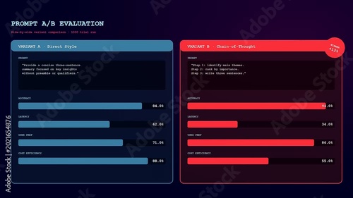 This dynamic Prompt Engineering UI display showcases an animated A/B test comparison where digital bars fluctuate to visualize accuracy and cost efficiency metrics on a dark screen