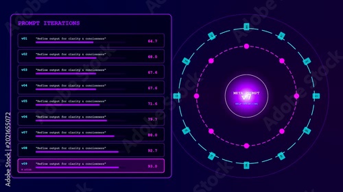 This animated Prompt Engineering UI displays data visualization through various machine learning optimization stages as progress bars and glowing circular metrics update across the dark screen
