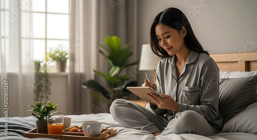 Woman relaxing in bed with tablet.