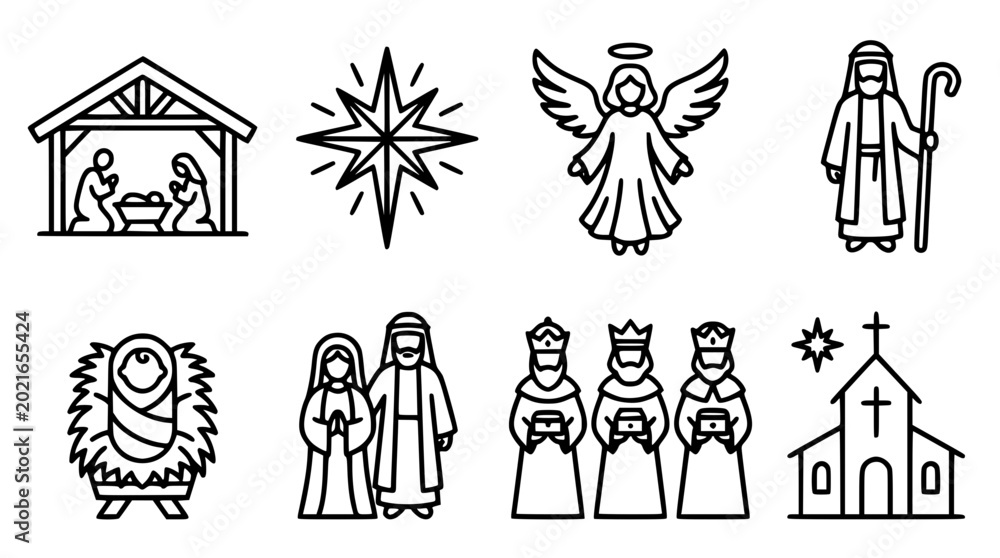 Fototapeta premium Christmas nativity scene with angel and people icons