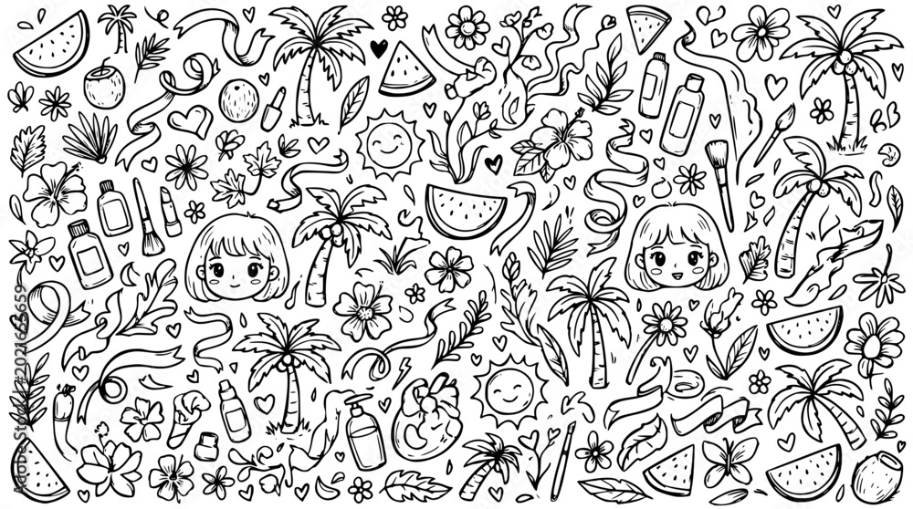 Fototapeta premium Summer vacation themed illustration with palm trees and girl faces