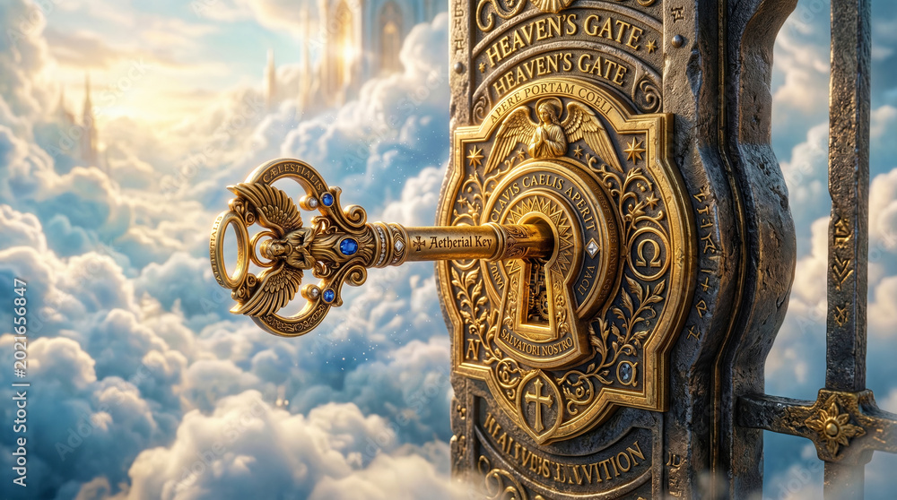 Obraz premium Ornate golden key in the lock of the celestial Gate of Heaven.