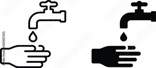 Canvastavla Water drop icon set hand catching water from faucet