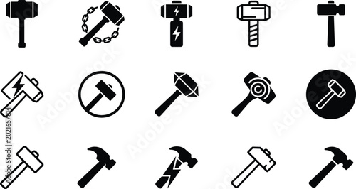 Canvastavla Hammer icon set with construction tool symbols and industrial equipment vector i