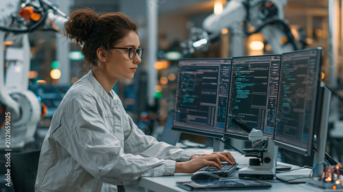 Female Engineer Working on Robotics and Automation at High-Tech Workstation: Scientific Research in AI and Machine Learning Development