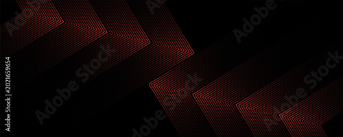 Futuristic red neon arrow pattern on dark background. Abstract geometric line design with motion effect and modern digital technology style. Suitable for business presentation, backdrop, flyer.
