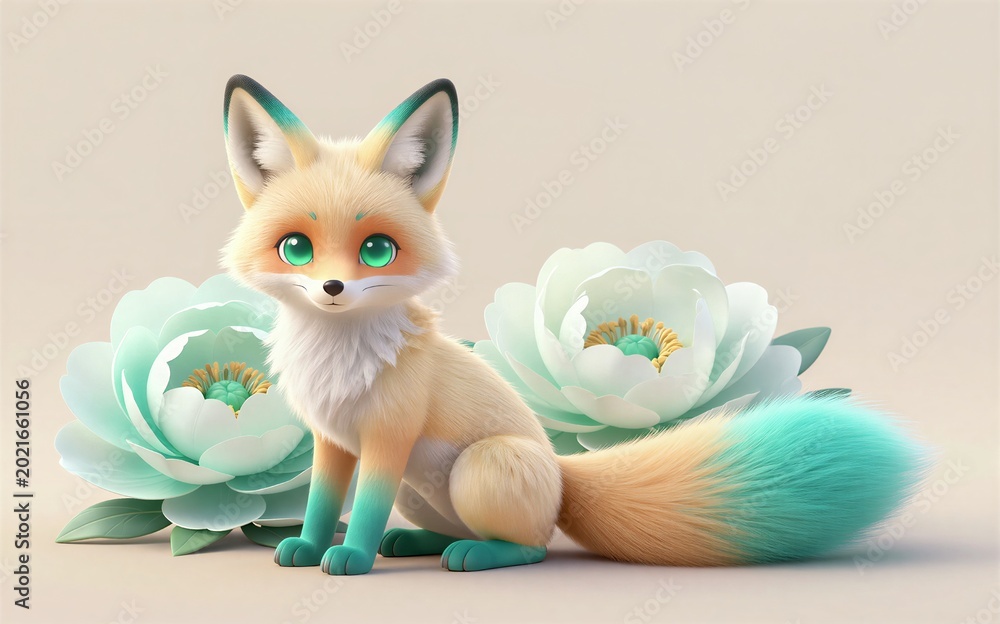 Fototapeta premium Adorable fox with turquoise accents sits beside large soft flowers.