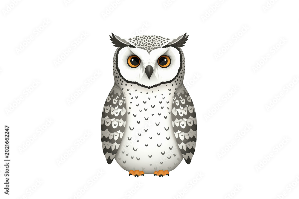 Obraz premium White snowy owl illustration, cute cartoon bird with orange eyes, animal character, wisdom symbol, transparent background