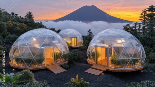 Futuristic Geodesic Domes Nestled Near Majestic Mountain Landscape