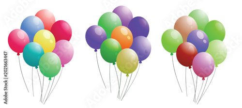 Foto Balloon Bouquets: A trio of vibrant balloon bouquets, each a cluster of bright, colorful spheres, ready to add a festive touch to any celebration
