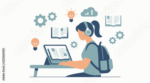 Illustration of a student with headphones and a backpack studying on a laptop in a conceptual educational setting
