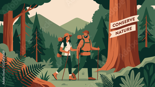 Couple hiking in a lush green forest with a sign promoting nature conservation