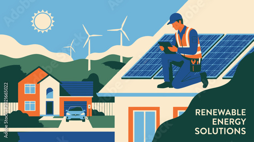 Sustainable future Rooftop solar panels and wind turbines providing clean energy for a residential neighborhood
